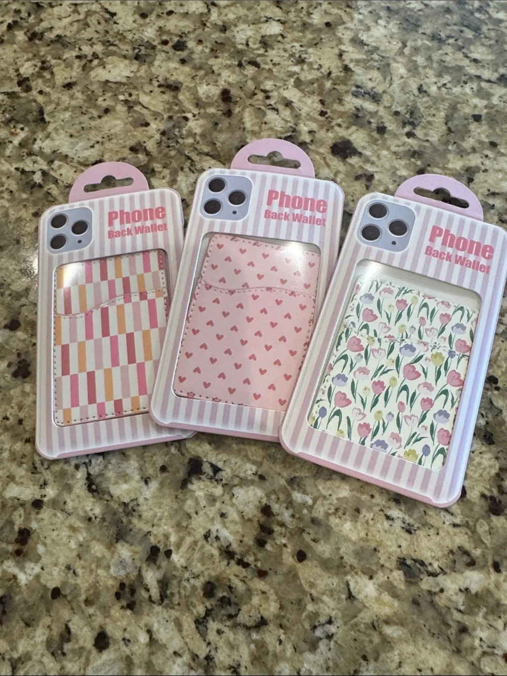 Pink Floral & Heart Phone Back Wallet - Fits Most Smartphones Brand New Set of 3